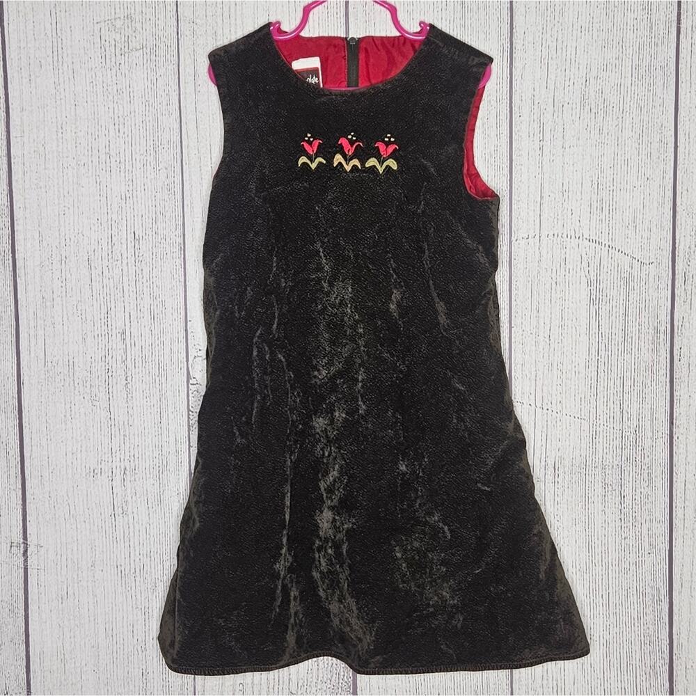 VTG Chocolate Soup Brown Crackle Velvet Jumper Dress w Flower Embroidery, sz 7